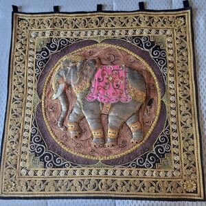 Kalaga Thai Burmese Elephant Tapestry with Gold and Pink Accents Sequined 34X34